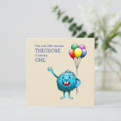 Adorable Blue Creature mit Balloons Einladung (Stehend Vorderseite)
