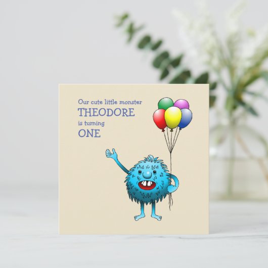 Adorable Blue Creature mit Balloons Einladung (Stehend Vorderseite)