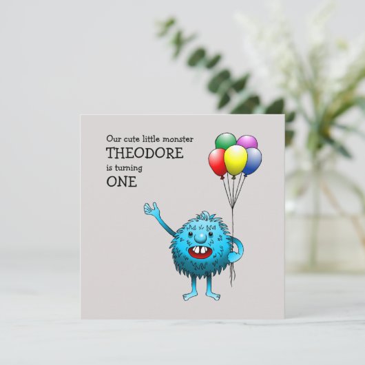 Adorable Blue Creature mit Balloons Einladung (Stehend Vorderseite)