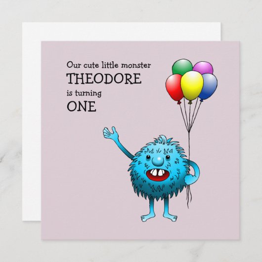 Adorable Blue Creature mit Balloons Einladung (Vorne/Hinten)