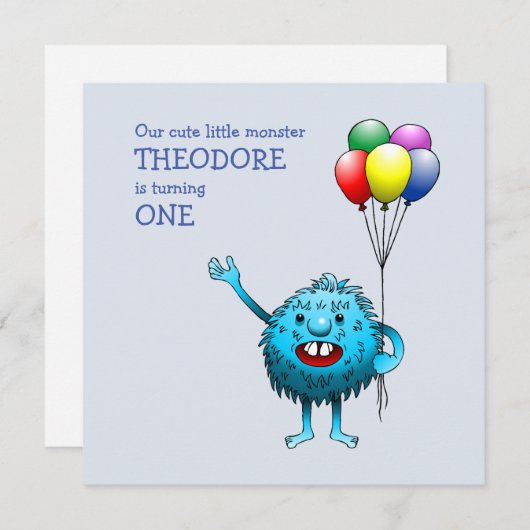 Adorable Blue Creature mit Balloons Einladung (Vorne/Hinten)