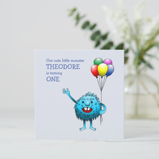 Adorable Blue Creature mit Balloons Einladung (Stehend Vorderseite)