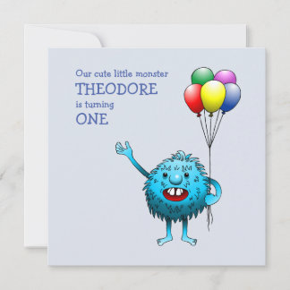 Adorable Blue Creature mit Balloons Einladung