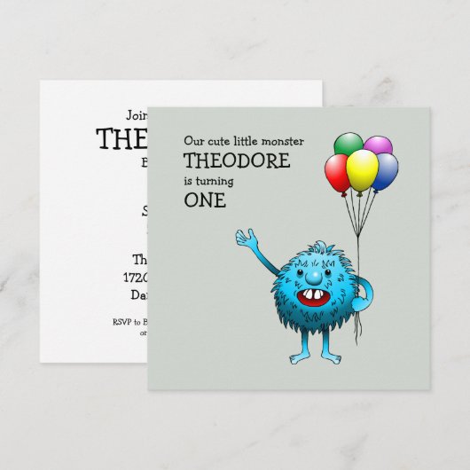 Adorable Blue Creature mit Balloons Einladung (Vorne/Hinten)