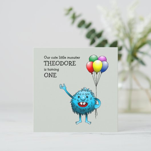Adorable Blue Creature mit Balloons Einladung (Stehend Vorderseite)