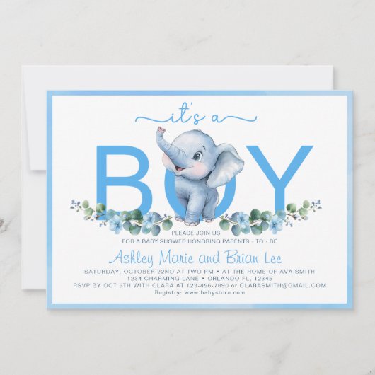 Adorable Blue Elephant Baby Dusche Einladung - Cu (Vorderseite)