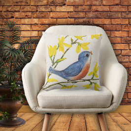 Adorable Blue Red Singing Bird Gelbe Blumen Kissen