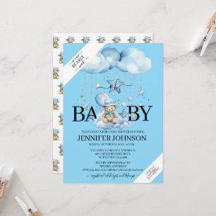 Adorable Blue Watercolor Teddy Bear Baby Dusche Einladung