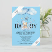 Adorable Blue Watercolor Teddy Bear Baby Dusche Einladung (Stehend Vorderseite)
