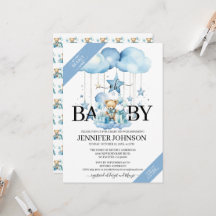 Adorable Blue Watercolor Teddy Bear Baby Dusche