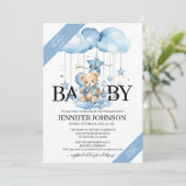 Adorable Blue Watercolor Teddy Bear Baby Dusche Einladung (Stehend Vorderseite)