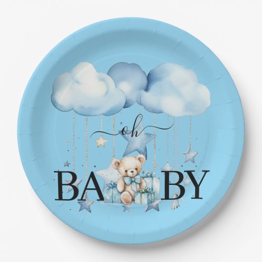 Adorable Blue Watercolor Teddy Bear Baby Dusche Pappteller (Vorderseite)