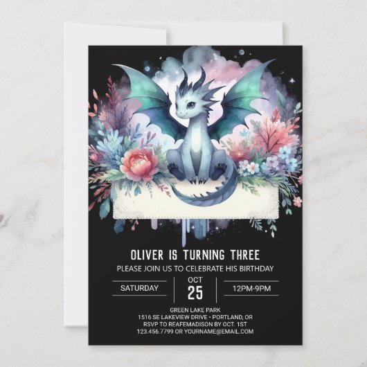 Adorable Boho Dragon Birthday Einladung (Vorderseite)