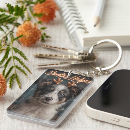 Adorable Border Collie Puppy als Helfer des Weihna Schlüsselanhänger (Vorderseite rechts)