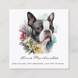 Adorable Boston Terrier and Flowers Watercolor Quadratische Visitenkarte