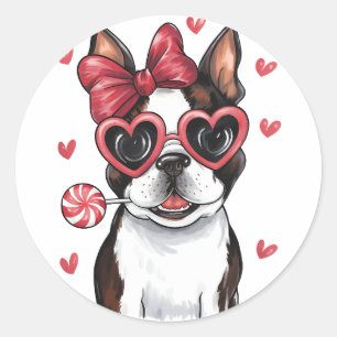 Adorable Boston Terrier Genießen Lollipop Valentin Runder Aufkleber