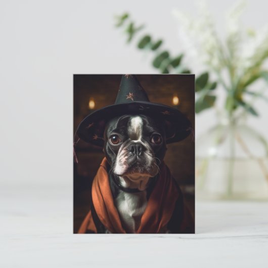 Adorable Boston Terrier Halloween Postkarte (Stehend Vorderseite)
