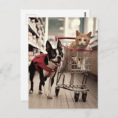 Adorable Boston Terrier und ein Ginger Cat Shoppin Postkarte (Vorne/Hinten)