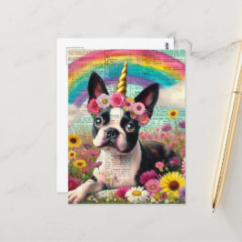 Adorable Boston Terrier Unicorn Puppy Wildblumen Postkarte