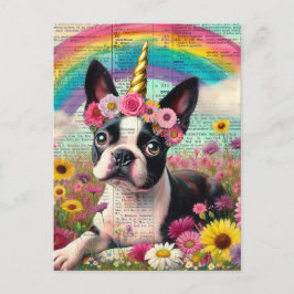 Adorable Boston Terrier Unicorn Puppy Wildblumen Postkarte