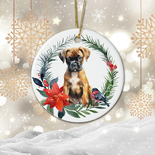 Adorable Boxer Welpe Watercolor Poinsettia Keramik Ornament