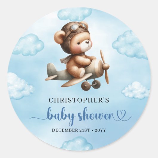 Adorable Boy Shower Teddy Pilot Airplane Sticker (Vorderseite)