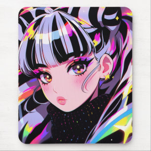 Adorable Bright Colorful Neon Zebra Anime Girl Mousepad