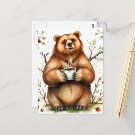 Adorable Brown Bear and a Coffee Postkarte (Vorderseite/Rückseite Beispiel)