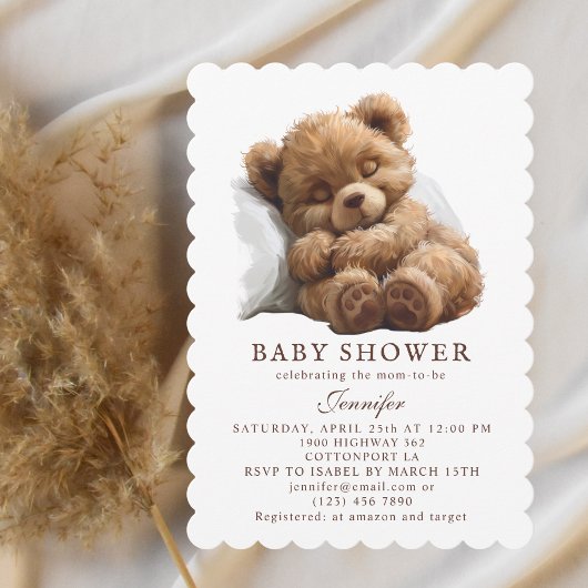 Adorable Brown Teddy Bear Sleeping Baby Dusche Einladung
