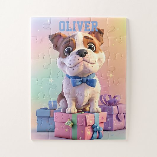 Adorable Bulldog Puppy Pastel Farben und Geschenke Puzzle (Vertikal)