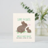 Adorable Bunnies Hearts Babydusche Save the Date Ankündigungspostkarte (Stehend Vorderseite)
