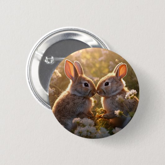Adorable Bunnies im Frühlingswiese-Design Button (Vorne & Hinten)