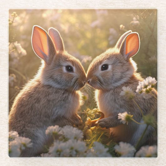 Adorable Bunnies im Frühlingswiese-Design Glasuntersetzer (Vorderseite)