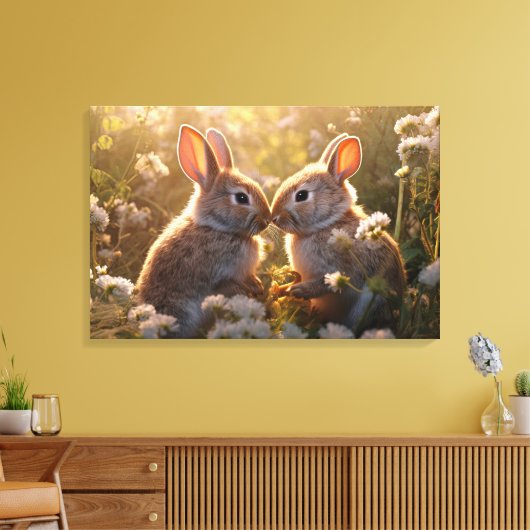 Adorable Bunnies im Frühlingswiese-Design Leinwanddruck (Insitu (Wohnzimmer))