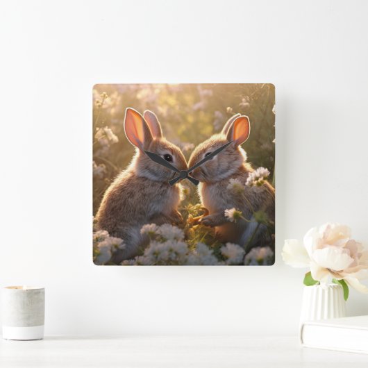 Adorable Bunnies im Frühlingswiese-Design Quadratische Wanduhr (Zuhause)
