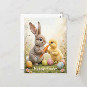 Adorable Bunny and Chick Oster Feiertagspostkarte
