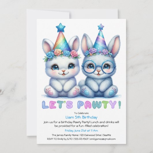 Adorable Bunny Birthday Einladung - Blauer Glitzer (Rückseite)