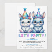 Adorable Bunny Birthday Einladung - Blauer Glitzer (Vorne/Hinten)