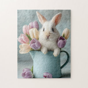 Adorable Bunny Peeking von einem Pitcher des Tulip Puzzle