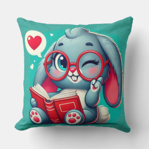 Adorable Bunny Wear Brillen Lesen eines Buches Kissen