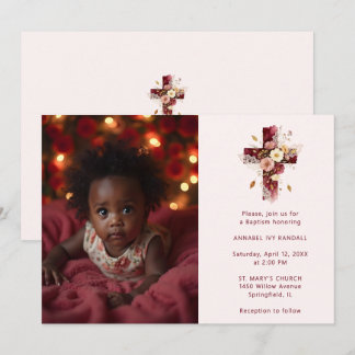 Adorable Burgundy Glitter Floral Cross Baptism Einladung