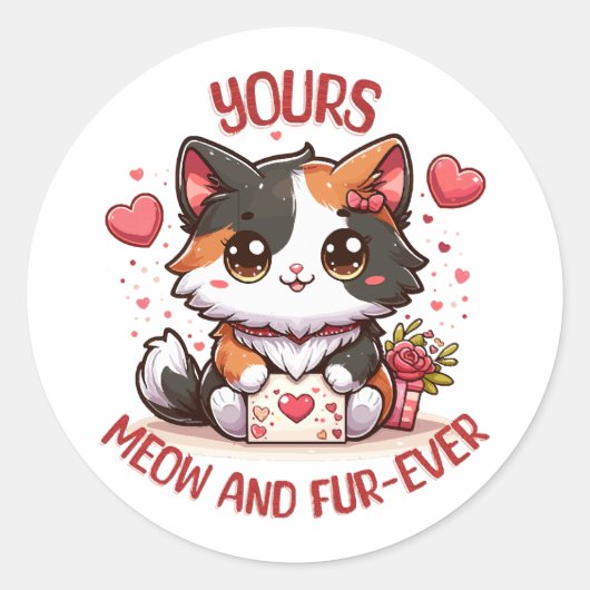 Adorable Calico Cat Valentinstag Runder Aufkleber (Vorderseite)