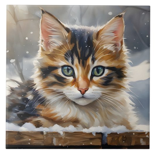 Adorable Calico Katze im Schnee Portrait Pose Fliese (Vorderseite)