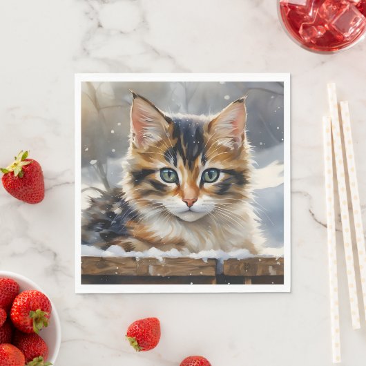Adorable Calico Katze im Schnee Serviette (Beispiel)