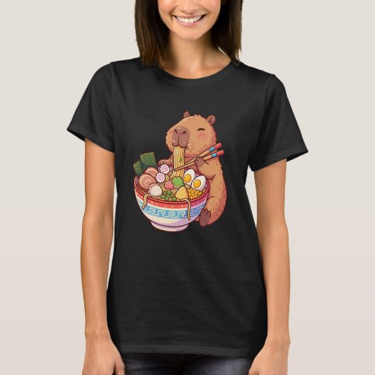 Adorable Capybara Eating Ramen Noodles Kawaii Desi T-Shirt (Vorderseite)