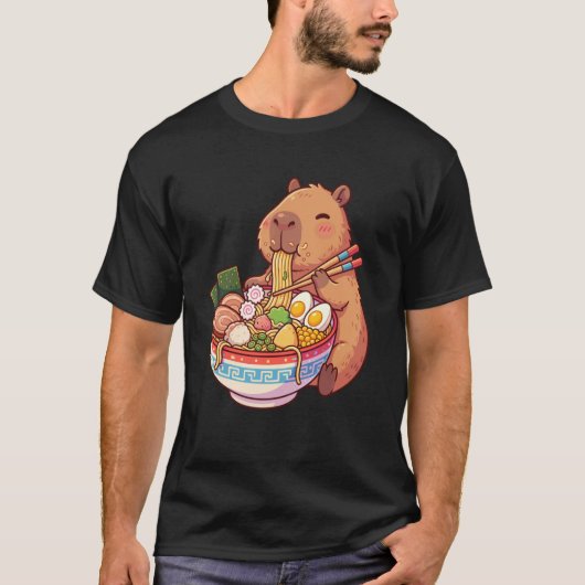 Adorable Capybara Eating Ramen Noodles Kawaii Desi T-Shirt (Vorderseite)