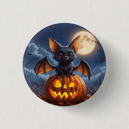 Adorable Cartoon Bat Auf Jack-o'-Lantern Button (Vorderseite)