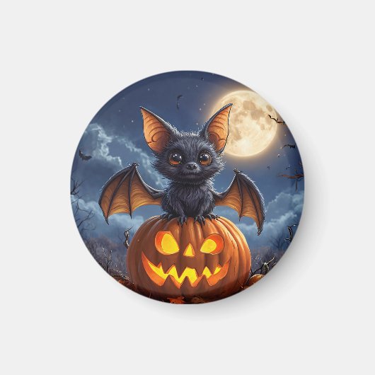 Adorable Cartoon Bat Auf Jack-o'-Lantern Magnet (Vorne)