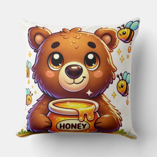 Adorable Cartoon Bear Holding Honey Jar Kissen (Vorderseite)