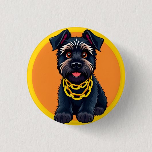 Adorable Cartoon Black Dog Tragen einer Goldkette Button (Vorderseite)